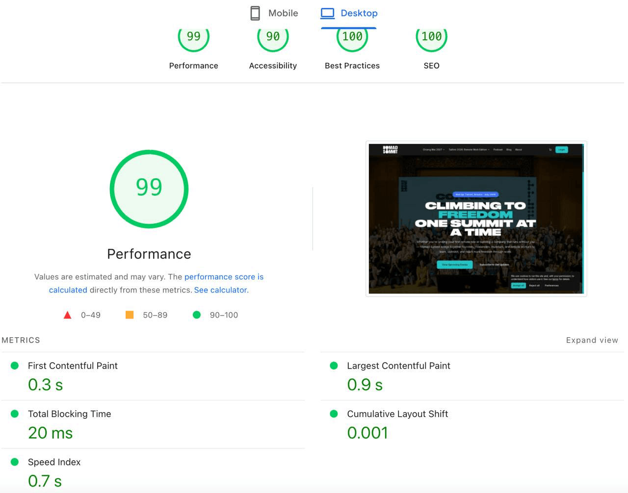PageSpeed Insights — new Next.js build