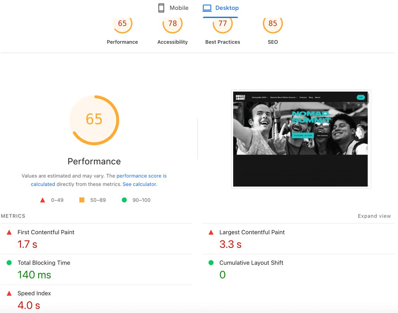 PageSpeed Insights — old WordPress + Divi build
